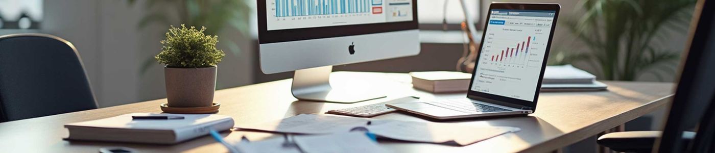 Financial dashboards on a modern office desk